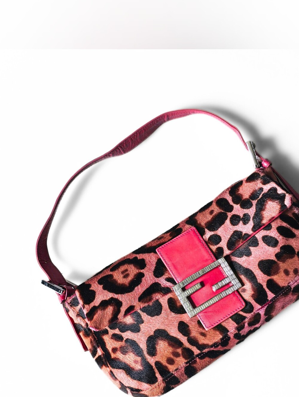Fendi Baguette Vintage Pink Leopard Pony Hair Crystal Buckle Detail - Picture 15 of 16